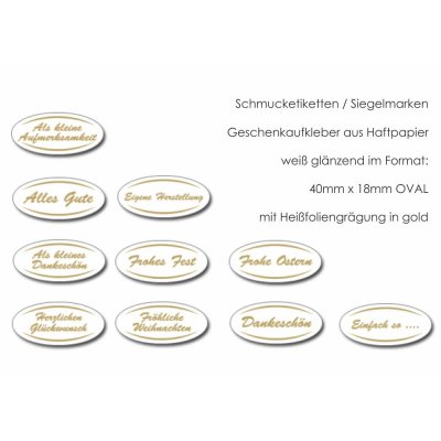Geschenk- Schmucketikett, 40x18mm OVAL, weiß-gold, VE 250 Stück / Rolle