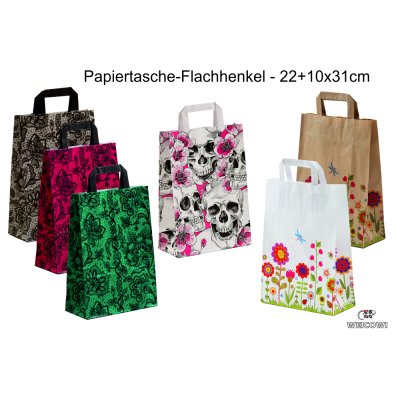 Papiertasche Flachhenkel mehrfarbiges Motiv, 22+10x28/31cm, VKE = 250 Stück