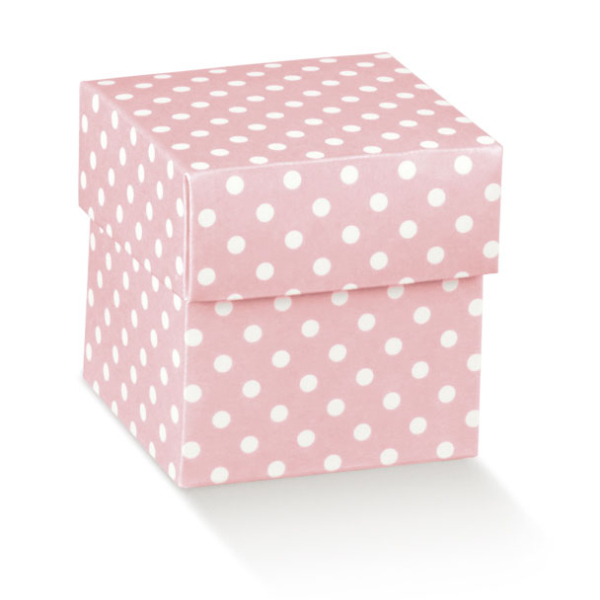 Schachtel mit Deckel, Punkte pink,50x50x50mm, VEs 50 / 200