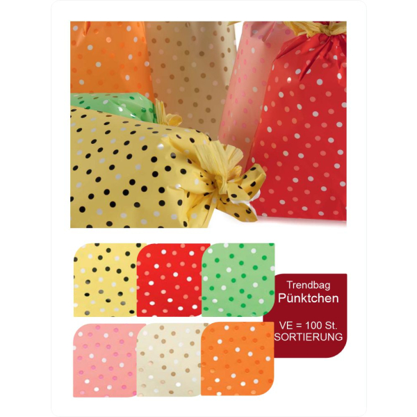 Trendbag / Geschenkbeutel PP, 35mµ, SORTIMENT Pünktchen, 16x25cm, VE = 100 St.