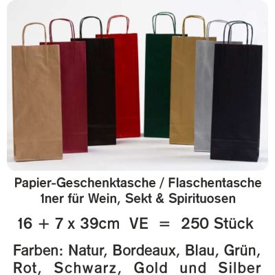 Papier Flaschentasche Tübingen, 16+7x39cm Kraft braun & farbig bedruckt mit gedr.Papierordel, 120g/qm, VE = 250 Stück